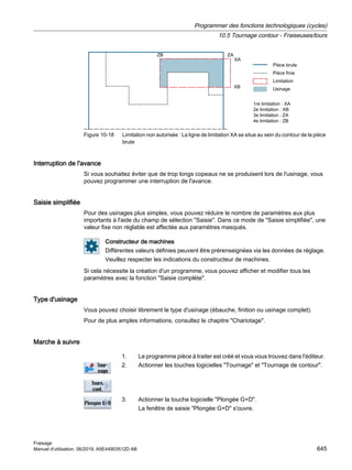 UHOLPLWDWLRQb;$
HOLPLWDWLRQb;%
HOLPLWDWLRQb=$
HOLPLWDWLRQb=%
3LªFHEUXWH
3LªFHILQLH
/LPLWDWLRQ
8VLQDJH
=%
;%
=$
;$
Figure 10-18 Limitation non autorisée : La ligne de limitation XA se situe au sein du contour de la pièce
brute
Interruption de l'avance
Si vous souhaitez éviter que de trop longs copeaux ne se produisent lors de l'usinage, vous
pouvez programmer une interruption de l'avance.
Saisie simplifiée
Pour des usinages plus simples, vous pouvez réduire le nombre de paramètres aux plus
importants à l'aide du champ de sélection Saisie. Dans ce mode de Saisie simplifiée, une
valeur fixe non réglable est affectée aux paramètres masqués.
Constructeur de machines
Différentes valeurs définies peuvent être prérenseignées via les données de réglage.
Veuillez respecter les indications du constructeur de machines.
Si cela nécessite la création d'un programme, vous pouvez afficher et modifier tous les
paramètres avec la fonction Saisie complète.
Type d'usinage
Vous pouvez choisir librement le type d'usinage (ébauche, finition ou usinage complet).
Pour de plus amples informations, consultez le chapitre Chariotage.
Marche à suivre
1. Le programme pièce à traiter est créé et vous vous trouvez dans l'éditeur.
2. Actionner les touches logicielles Tournage et Tournage de contour.
3. Actionner la touche logicielle Plongée G+D.
La fenêtre de saisie Plongée G+D s'ouvre.
Programmer des fonctions technologiques (cycles)
10.5 Tournage contour - Fraiseuses/tours
Fraisage
Manuel d'utilisation, 06/2019, A5E44903512D AB 645
 
