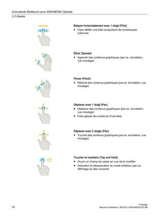 Balayer horizontalement avec 1 doigt (Flick)
● Faire défiler une liste comportant de nombreuses
colonnes
Étirer (Spread)
● Agrandir des contenus graphiques (par ex. simulation,
vue moulage)
Pincer (Pinch)
● Réduire des contenus graphiques (par ex. simulation, vue
moulage)
Déplacer avec 1 doigt (Pan)
● Déplacer des contenus graphiques (par ex. simulation,
vue moulage)
● Faire glisser les contenus d'une liste
Déplacer avec 2 doigts (Pan)
● Tourner des contenus graphiques (par ex. simulation, vue
moulage)
Toucher et maintenir (Tap and Hold)
● Ouvrir un champ de saisie en vue de le modifier
● Activation et désactivation du mode d'édition (par ex.
affichage du bloc courant)
Commande Multitouch avec SINUMERIK Operate
3.3 Gestes
Fraisage
74 Manuel d'utilisation, 06/2019, A5E44903512D AB
 