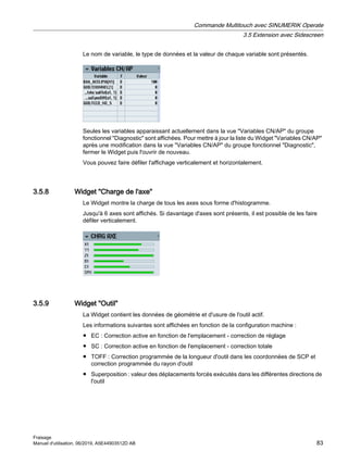 Le nom de variable, le type de données et la valeur de chaque variable sont présentés.
Seules les variables apparaissant actuellement dans la vue Variables CN/AP du groupe
fonctionnel Diagnostic sont affichées. Pour mettre à jour la liste du Widget Variables CN/AP
après une modification dans la vue Variables CN/AP du groupe fonctionnel Diagnostic,
fermer le Widget puis l'ouvrir de nouveau.
Vous pouvez faire défiler l'affichage verticalement et horizontalement.
3.5.8 Widget Charge de l'axe
Le Widget montre la charge de tous les axes sous forme d'histogramme.
Jusqu'à 6 axes sont affichés. Si davantage d'axes sont présents, il est possible de les faire
défiler verticalement.
3.5.9 Widget Outil
La Widget contient les données de géométrie et d'usure de l'outil actif.
Les informations suivantes sont affichées en fonction de la configuration machine :
● EC : Correction active en fonction de l'emplacement - correction de réglage
● SC : Correction active en fonction de l'emplacement - correction totale
● TOFF : Correction programmée de la longueur d'outil dans les coordonnées de SCP et
correction programmée du rayon d'outil
● Superposition : valeur des déplacements forcés exécutés dans les différentes directions de
l'outil
Commande Multitouch avec SINUMERIK Operate
3.5 Extension avec Sidescreen
Fraisage
Manuel d'utilisation, 06/2019, A5E44903512D AB 83
 