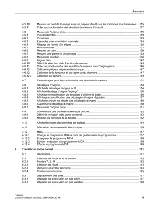 4.5.10 Mesurer un outil de tournage avec un palpeur d'outil (sur les combinés tour-fraiseuse).....115
4.5.11 Créer un procès-verbal des résultats de mesure d'un outil..................................................117
4.6 Mesure de l'origine pièce .....................................................................................................119
4.6.1 Vue d'ensemble....................................................................................................................119
4.6.2 Procédure.............................................................................................................................123
4.6.3 Exemples avec orientation manuelle ...................................................................................124
4.6.4 Réglage de l'arête (Set edge) ..............................................................................................125
4.6.5 Mesure d'arête .....................................................................................................................127
4.6.6 Mesurer un coin ...................................................................................................................130
4.6.7 Mesurer une poche et un perçage .......................................................................................133
4.6.8 Mesure de tourillon...............................................................................................................136
4.6.9 Aligner plan ..........................................................................................................................142
4.6.10 Définir la sélection de la fonction de mesure .......................................................................145
4.6.11 Créer un procès-verbal des résultats de mesure pour l'origine pièce..................................146
4.6.12 Calibrer le palpeur de pièce électronique.............................................................................147
4.6.12.1 Calibrage de la longueur et du rayon ou du diamètre..........................................................147
4.6.12.2 Calibrage sur sphère............................................................................................................149
4.7 Paramétrages pour le procès-verbal des résultats de mesure ............................................151
4.8 Décalages d'origine..............................................................................................................153
4.8.1 Afficher le décalage d'origine actif........................................................................................154
4.8.2 Afficher décalage d'origine "Aperçu"....................................................................................155
4.8.3 Affichage et modification du décalage d'origine de base .....................................................156
4.8.4 Affichage et modification des décalages d'origine réglables................................................157
4.8.5 Afficher et éditer les détails des décalages d'origine ...........................................................158
4.8.6 Supprimer le décalage d'origine...........................................................................................160
4.8.7 Mesure de l'origine pièce .....................................................................................................161
4.9 Surveillance des données d'axe et de broche......................................................................162
4.9.1 Définir la limitation de la zone de travail...............................................................................162
4.9.2 Modifier les données de la broche .......................................................................................162
4.10 Afficher les listes des données de réglage...........................................................................164
4.11 Affectation de la manivelle électronique...............................................................................165
4.12 MDA .....................................................................................................................................167
4.12.1 Charger le programme MDA à partir du gestionnaire de programmes................................167
4.12.2 Enregistrer le programme MDA ...........................................................................................168
4.12.3 Edition / exécution d'un programme MDA............................................................................169
4.12.4 Effacer le programme MDA..................................................................................................170
5 Travailler en mode manuel.......................................................................................................................171
5.1 Généralités...........................................................................................................................171
5.2 Sélection de l'outil et de la broche........................................................................................172
5.2.1 Fenêtre T, S, M ....................................................................................................................172
5.2.2 Sélection de l'outil ................................................................................................................174
5.2.3 Démarrer et arrêter la broche...............................................................................................174
5.2.4 Positionner la broche ...........................................................................................................175
5.3 Déplacement des axes.........................................................................................................177
5.3.1 Déplacer les axes selon un pas défini..................................................................................177
5.3.2 Déplacer les axes selon un pas variable..............................................................................178
Sommaire
Fraisage
Manuel d'utilisation, 06/2019, A5E44903512D AB 9
 