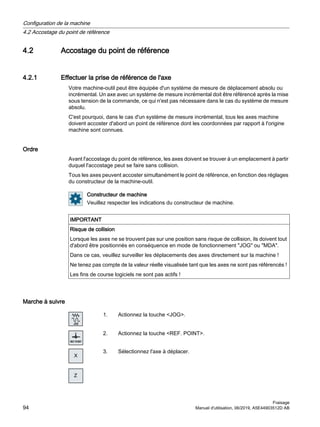 4.2 Accostage du point de référence
4.2.1 Effectuer la prise de référence de l'axe
Votre machine-outil peut être équipée d'un système de mesure de déplacement absolu ou
incrémental. Un axe avec un système de mesure incrémental doit être référencé après la mise
sous tension de la commande, ce qui n'est pas nécessaire dans le cas du système de mesure
absolu.
C'est pourquoi, dans le cas d'un système de mesure incrémental, tous les axes machine
doivent accoster d'abord un point de référence dont les coordonnées par rapport à l'origine
machine sont connues.
Ordre
Avant l'accostage du point de référence, les axes doivent se trouver à un emplacement à partir
duquel l'accostage peut se faire sans collision.
Tous les axes peuvent accoster simultanément le point de référence, en fonction des réglages
du constructeur de la machine-outil.
Constructeur de machine
Veuillez respecter les indications du constructeur de machine.
IMPORTANT
Risque de collision
Lorsque les axes ne se trouvent pas sur une position sans risque de collision, ils doivent tout
d'abord être positionnés en conséquence en mode de fonctionnement JOG ou MDA.
Dans ce cas, veuillez surveiller les déplacements des axes directement sur la machine !
Ne tenez pas compte de la valeur réelle visualisée tant que les axes ne sont pas référencés !
Les fins de course logiciels ne sont pas actifs !
Marche à suivre
1. Actionnez la touche JOG.
2. Actionnez la touche REF. POINT.
;
=
3. Sélectionnez l'axe à déplacer.
Configuration de la machine
4.2 Accostage du point de référence
Fraisage
94 Manuel d'utilisation, 06/2019, A5E44903512D AB
 