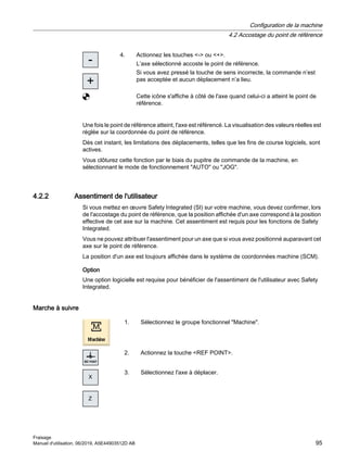 4. Actionnez les touches - ou +.
L’axe sélectionné accoste le point de référence.
Si vous avez pressé la touche de sens incorrecte, la commande n’est
pas acceptée et aucun déplacement n’a lieu.
Cette icône s'affiche à côté de l'axe quand celui-ci a atteint le point de
référence.
Une fois le point de référence atteint, l'axe est référencé. La visualisation des valeurs réelles est
réglée sur la coordonnée du point de référence.
Dès cet instant, les limitations des déplacements, telles que les fins de course logiciels, sont
actives.
Vous clôturez cette fonction par le biais du pupitre de commande de la machine, en
sélectionnant le mode de fonctionnement AUTO ou JOG.
4.2.2 Assentiment de l'utilisateur
Si vous mettez en œuvre Safety Integrated (SI) sur votre machine, vous devez confirmer, lors
de l'accostage du point de référence, que la position affichée d'un axe correspond à la position
effective de cet axe sur la machine. Cet assentiment est requis pour les fonctions de Safety
Integrated.
Vous ne pouvez attribuer l'assentiment pour un axe que si vous avez positionné auparavant cet
axe sur le point de référence.
La position d'un axe est toujours affichée dans le système de coordonnées machine (SCM).
Option
Une option logicielle est requise pour bénéficier de l'assentiment de l'utilisateur avec Safety
Integrated.
Marche à suivre
1. Sélectionnez le groupe fonctionnel Machine.
2. Actionnez la touche REF POINT.
;
=
3. Sélectionnez l'axe à déplacer.
Configuration de la machine
4.2 Accostage du point de référence
Fraisage
Manuel d'utilisation, 06/2019, A5E44903512D AB 95
 