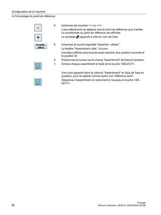 4. Actionnez les touches - ou +.
L'axe sélectionné se déplace vers le point de référence puis s'arrête.
La coordonnée du point de référence est affichée.
Le symbole apparaît à côté du nom de l'axe.
5. Actionnez la touche logicielle Assentim. utilisat..
La fenêtre Assentiment utilis. s'ouvre.
Une liste s'affiche avec tous les axes machine, leur position courante et
la position SI.
6. Positionnez le curseur sur le champ Assentiment de l'axe en question.
7. Activez chaque assentiment à l'aide de la touche SELECT.
Une croix apparaît dans la colonne Assentiment en face de l'axe en
question, pour le repérer comme ayant une référence sûre.
Désactivez l'assentiment en actionnant à nouveau la touche SE‐
LECT.
Configuration de la machine
4.2 Accostage du point de référence
Fraisage
96 Manuel d'utilisation, 06/2019, A5E44903512D AB
 