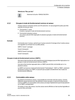 Sélectionner Bloc par bloc
Actionner la touche SINGLE BLOCK.
4.3.2 Groupes à mode de fonctionnement commun et canaux
Chaque canal se comporte comme une CN autonome. Un seul programme pièce peut être
exécuté à la fois par canal.
● Commande à 1 canal
Il existe un groupe à mode de fonctionnement commun.
● Commande à plusieurs canaux
Les canaux peuvent être regroupés en plusieurs groupes à mode de fonctionnement
commun.
Exemple
Commande avec 4 canaux, sachant que 2 canaux servent à l'usinage et les 2 autres canaux
à la régulation du transport de nouvelles pièces.
GMFC1 Canal 1 (usinage)
Canal 2 (transport)
GMFC2 Canal 3 (usinage)
Canal 4 (transport)
Groupes à mode de fonctionnement commun (GMFC)
Des axes et des broches de même appartenance technologique peuvent être regroupés en un
groupe à mode de fonctionnement commun (GMFC).
Les axes et les broches regroupés dans un GMFC peuvent être commandés par un ou
plusieurs canaux.
Le GMFC se trouve en mode de fonctionnement Automatique, JOG ou MDA, autrement
dit plusieurs canaux d'un GMFC ne peuvent pas accepter simultanément des modes de
fonctionnement différents.
4.3.3 Commutation entre canaux
En présence de plusieurs canaux, il est possible de commuter entre les canaux. Comme
différents canaux peuvent avoir été attribués à divers groupes à mode de fonctionnement
commun (GMFC), la commutation entre canaux provoque implicitement aussi le basculement
sur le GMFC correspondant.
S'il existe un menu des canaux, tous les canaux seront affichés sur des touches logicielles et
pourront être commutés.
Configuration de la machine
4.3 Modes d'utilisation
Fraisage
Manuel d'utilisation, 06/2019, A5E44903512D AB 99
 
