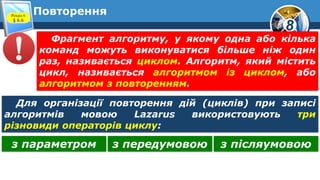 8
ПовторенняРозділ 6
§ 6.6
Фрагмент алгоритму, у якому одна або кілька
команд можуть виконуватися більше ніж один
раз, називається циклом. Алгоритм, який містить
цикл, називається алгоритмом із циклом, або
алгоритмом з повторенням.
Для організації повторення дій (циклів) при записі
алгоритмів мовою Lazarus використовують три
різновиди операторів циклу:
з параметром з передумовою з післяумовою
 