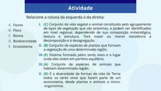 Atividade
I. (C) Conjunto de vida vegetal e animal constituído pelo agrupamento
de tipos de vegetação que são próximos, e podem ser identificados
em nível regional, dependendo de sua composição mineralógica,
textura e estrutura. Terá maior ou menor resistência à
decomposição e à desagregação.
A. Fauna
B. Flora
C. Bioma
D. Biodiversidade
E. Ecossistema II. (B) Conjunto de espécies de plantas que formam
a vegetação de uma determinada região.
III.(E) Sistema formado pelos seres vivos e o lugar
onde eles vivem em perfeito equilíbrio.
IV.(A) Conjunto de espécies de animais que
habitam determinada região.
V. (D) É a diversidade de formas de vida da Terra;
todos os seres vivos que fazem parte de um
ecossistema, desde plantas e animais a micro-
-organismos.
Relacione a coluna da esquerda à da direita:
 