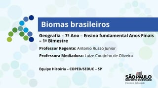 Biomas brasileiros
Geografia – 7º Ano – Ensino fundamental Anos Finais
– 1º Bimestre
Professor Regente: Antonio Russo Junior
Professora Mediadora: Luize Coutinho de Oliveira
Equipe História – COPED/SEDUC – SP
 