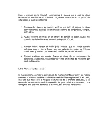 Para el ejemplo de la Figura1, encontramos la manera en la cual se debe
desarrollar el mantenimiento preventivo, siguiendo estrictamente los pasos allí
estipulados al igual que el tiempo
1. Revisión del sistema de control: verificar que todo el sistema funcione
correctamente y bajo los lineamientos de control de temperatura, tiempos,
entre otros.
2. Ajustar sistema eléctrico: en el tablero de control se deben ajustar las
conexiones de las borneras, elementos de protección, etc.
3. Revisar motor: revisar el motor para verificar que no tenga sonidos
extraños, que no tenga fugas, que los rodamientos estén en óptimas
condiciones y en caso que no sea así, cambiar lo que sea necesario.
4. Revisar auxiliares de mando: Revisar el ajuste de las conexiones de
selectores, pulsadores, visualizadores y más elementos de maniobra por
parte del operario.
5.1.2 Mantenimiento correctivo
El mantenimiento correctivo a diferencia del mantenimiento preventivo se realiza
mientras la maquina está en funcionamiento en la línea de producción, es decir,
una falla que hace que la maquina no funcione de la manera adecuada, y es
necesario en ese momento de intervención del personal de mantenimiento para
corregir la falla que está afectando la máquina, sea eléctrica o mecánica.
 