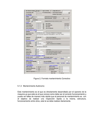 Figura 2, Formato mantenimiento Correctivo
5.1.3 Mantenimiento Autónomo
Este mantenimiento es el que es directamente desarrollado por el operario de la
maquina ya que este es el que conoce como debe ser el correcto funcionamiento y
puede ver fallas de manera más rápida que el personal de mantenimiento es con
el objetivo de realizar una inspección rápida a la misma, estructura,
funcionamiento entre otros, este te se debe realizar diariamente.
 