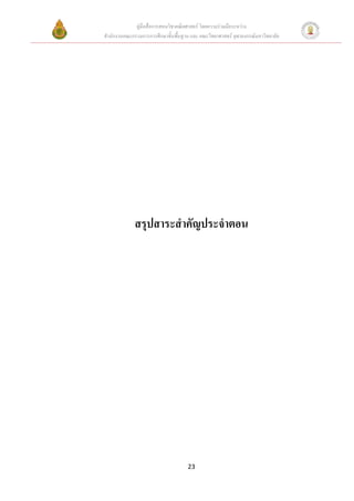 คูมือสื่อการสอนวิชาคณิตศาสตร โดยความรวมมือระหวาง
สํานักงานคณะกรรมการการศึกษาขั้นพื้นฐาน และ คณะวิทยาศาสตร จุฬาลงกรณมหาวิทยาลัย




             สรุปสาระสําคัญประจําตอน




                                     23
 
