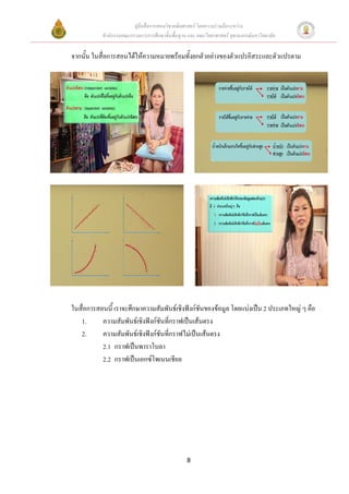 คูมือสื่อการสอนวิชาคณิตศาสตร โดยความรวมมือระหวาง
           สํานักงานคณะกรรมการการศึกษาขั้นพื้นฐาน และ คณะวิทยาศาสตร จุฬาลงกรณมหาวิทยาลัย


จากนั้น ในสื่อการสอนไดใหความหมายพรอมทั้งยกตัวอยางของตัวแปรอิสระและตัวแปรตาม




ในสื่อการสอนนี้ เราจะศึกษาความสัมพันธเชิงฟงกชันของขอมูล โดยแบงเปน 2 ประเภทใหญ ๆ คือ
   1.      ความสัมพันธเชิงฟงกชันที่กราฟเปนเสนตรง
   2.      ความสัมพันธเชิงฟงกชันที่กราฟไมเปนเสนตรง
           2.1 กราฟเปนพาราโบลา
           2.2 กราฟเปนเอกซโพเนนเชียล




                                                 8
 