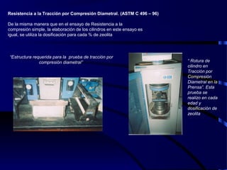 Resistencia a la Tracción por Compresión Diametral. (ASTM C 496 – 96)
De la misma manera que en el ensayo de Resistencia a la
compresión simple, la elaboración de los cilindros en este ensayo es
igual, se utiliza la dosificación para cada % de zeolita
“Estructura requerida para la prueba de tracción por
compresión diametral” “ Rotura de
cilindro en
Tracción por
Compresión
Diametral en la
Prensa”. Esta
prueba se
realizo en cada
edad y
dosificación de
zeolita
 