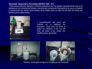 Densidad Absorción y Porosidad (ASTM C 642 – 97)
Para esta prueba los testigos o cilindros pequeños son de iguales características que en la
resistencia a la compresión simple y tracción por compresión diametral en lo que a su diseño
y construcción se refiere. Este ensayo se lo realizo para la edad de 28 días con todas las
dosificaciones dela zeolita.
“ Cuantificación del peso del
Cilindro en la Balanza de
Precisión”. Este valor se tomo a
todos los cilindros a los con 28
días de edad y en todas las
dosificaciones de zeolita.
“Cilindro sumergido en agua en la Balanza de Humboldt”
 