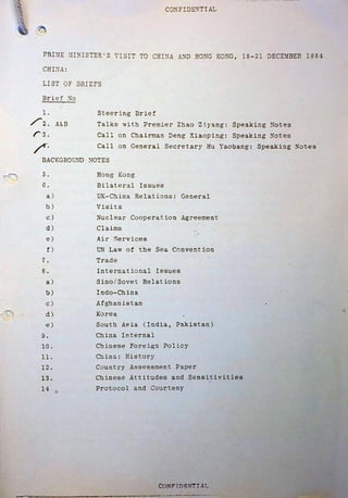 841218 Steering Brief from FCO to Thatcher (China 18-21 December 1984)