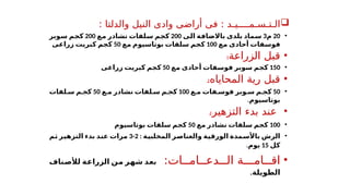 
: ‫والدلتا‬ ‫النيل‬ ‫وادى‬ ‫أراضى‬ ‫فى‬ : ‫الـتـسـمــــيـد‬
•
20
‫م‬
3
‫الى‬ ‫باالضافة‬ ‫بلدى‬ ‫سماد‬
200
‫مع‬ ‫نشادر‬ ‫سلفات‬ ‫كجم‬
200
‫سوبر‬ ‫كجم‬
‫مع‬ ‫أحادى‬ ‫فوسفات‬
100
‫مع‬ ‫بوتاسيوم‬ ‫سلفات‬ ‫كجم‬
50
‫زراعى‬ ‫كبريت‬ ‫كجم‬
•
‫الزراعة‬ ‫قبل‬
:
•
150
‫مع‬ ‫أحادى‬ ‫فوسفات‬ ‫سوبر‬ ‫كجم‬
50
‫زراعى‬ ‫كبريت‬ ‫كجم‬
•
‫المحاياه‬ ‫رية‬ ‫قبل‬
:
•
50
‫ع‬ ‫م‬ ‫فات‬ ‫فوس‬ ‫وبر‬ ‫س‬ ‫م‬ ‫كج‬
100
‫ع‬ ‫م‬ ‫نشادر‬ ‫لفات‬ ‫س‬ ‫م‬ ‫كج‬
50
‫لفات‬ ‫س‬ ‫م‬ ‫كج‬
.‫بوتاسيوم‬
•
‫التزهير‬ ‫بدء‬ ‫عند‬
:
•
100
‫مع‬ ‫نشادر‬ ‫سلفات‬ ‫كجم‬
50
‫بوتاسيوم‬ ‫سلفات‬ ‫كجم‬
•
: ‫المخلبية‬ ‫والعناصر‬ ‫الورقية‬ ‫باألسمدة‬ ‫الرش‬
2
-
3
‫مرات‬
‫ثم‬ ‫التزهير‬ ‫بدء‬ ‫عند‬
‫كل‬
15
.‫يوم‬
•
:‫الــدعــامــات‬ ‫اقــامـــة‬
‫الزراعة‬ ‫من‬ ‫شهر‬ ‫بعد‬
‫لألصناف‬
‫الطويلة‬
.
 