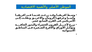 ‫االقتصادية‬ ‫واألهمية‬ ‫األصلى‬ ‫الموطن‬
•
‫ا‬ ‫افريقي‬ ‫ى‬ ‫ف‬ ‫ا‬ ‫قديم‬ ‫ت‬ ‫زرع‬ ‫د‬ ‫وق‬ ‫ا‬ ‫افريقي‬ ‫ط‬ ‫وس‬
‫ى‬ ‫إل‬ ‫ت‬ ‫ونقل‬ ‫ق‬ ‫واالغري‬ ‫الرومان‬ ‫ا‬ ‫وعرفه‬ ‫يا‬ ‫وآس‬
.‫عشر‬ ‫السابع‬ ‫القرن‬ ‫فى‬ ‫األمريكتين‬
•
‫ة‬ ‫الجاف‬ ‫والبذور‬ ‫الخضراء‬ ‫القرون‬ ‫ل‬ ‫ألج‬ ‫تزرع‬
‫ق‬ ‫المناط‬ ‫ى‬ ‫ف‬ ‫غيرة‬ ‫الص‬ ‫واالفرع‬ ‫األوراق‬ ‫ل‬ ‫وتؤك‬
‫االستوائية‬
•
 