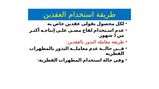 ‫العقدين‬ ‫استخدام‬ ‫طريقة‬
•
‫ل‬
‫به‬ ‫خاص‬ ‫عقدين‬ ‫بقولى‬ ‫محصول‬ ‫كل‬
•
‫لقاح‬ ‫تخدام‬ ‫اس‬ ‫عدم‬
‫ه‬ ‫إنتاج‬ ‫ى‬ ‫عل‬ ‫ى‬ ‫مض‬
‫أك‬
‫ث‬
‫ر‬
‫من‬
3
.‫شهور‬
•
:‫بالعقدين‬ ‫البذور‬ ‫معاملة‬ ‫طريقة‬
•
‫بالمطهرات‬ ‫البذور‬ ‫ة‬ ‫معامل‬ ‫عدم‬ ‫ة‬ ‫حال‬ ‫ى‬ ‫ف‬
‫الفطرية‬
•
:‫الفطرية‬ ‫المطهرات‬ ‫استخدام‬ ‫حالة‬ ‫وفى‬
 