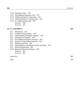 xiv Contents
21.10 Namespace Alias 835
21.11 The Standard Namespace std 835
21.12 ANSI and Turbo-C++ Keywords 836
21.13 ANSI and Turbo-C++ Header Files 839
21.14 C++ Operator Keywords 840
Summary 840
Exercises 841
22. c++ grAPhicS 843
22.1 Introduction 843
22.2 Computer Display Modes 844
22.3 Video Display and Display Adapters 844
22.4 Initilisation of Graphics 844
22.5 Few Additional Graphics Functions 846
22.6 Programs Using Library Functions 848
22.7 Working with Texts 856
22.8 Filling Patterns with Different Colors and Styles 858
22.9 Mouse Programming 862
22.10 Drawing Noncommon Figures 866
Summary 867
Exercises 867
Appendices 869
Index 879
 