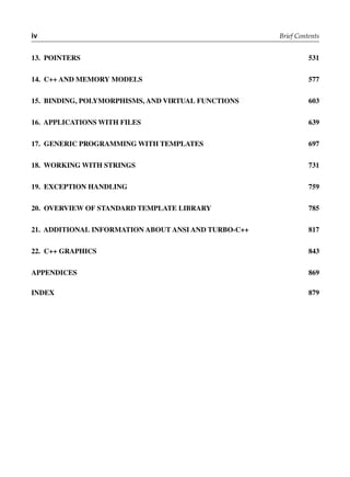 iv Brief Contents
13. PoiNtErS 531
14. c++ ANd mEmory modElS 577
15. biNdiNg, PolymorPhiSmS, ANd virtuAl fuNctioNS 603
16. APPlicAtioNS with filES 639
17. gENEric ProgrAmmiNg with tEmPlAtES 697
18. worKiNg with StriNgS 731
19. ExcEPtioN hANdliNg 759
20. ovErviEw of StANdArd tEmPlAtE librAry 785
21. AdditioNAl iNformAtioN About ANSi ANd turbo-c++ 817
22. c++ grAPhicS 843
APPENdicES 869
iNdEx 879
 