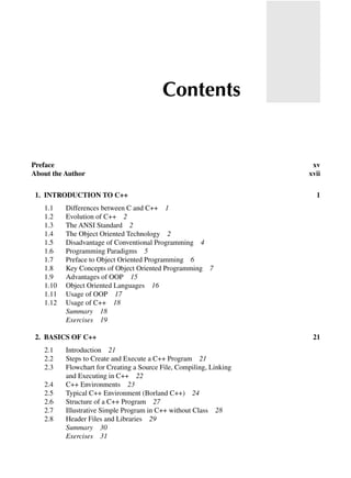 Preface xv
About the Author xvii
1. iNtroductioN to c++ 1
1.1 Differences between C and C++ 1
1.2 Evolution of C++ 2
1.3 The ANSI Standard 2
1.4 The Object Oriented Technology 2
1.5 Disadvantage of Conventional Programming 4
1.6 Programming Paradigms 5
1.7 Preface to Object Oriented Programming 6
1.8 Key Concepts of Object Oriented Programming 7
1.9 Advantages of OOP 15
1.10 Object Oriented Languages 16
1.11 Usage of OOP 17
1.12 Usage of C++ 18
Summary 18
Exercises 19
2. bASicS of c++ 21
2.1 Introduction 21
2.2 Steps to Create and Execute a C++ Program 21
2.3 Flowchart for Creating a Source File, Compiling, Linking
and Executing in C++ 22
2.4 C++ Environments 23
2.5 Typical C++ Environment (Borland C++) 24
2.6 Structure of a C++ Program 27
2.7 Illustrative Simple Program in C++ without Class 28
2.8 Header Files and Libraries 29
Summary 30
Exercises 31
Contents
 