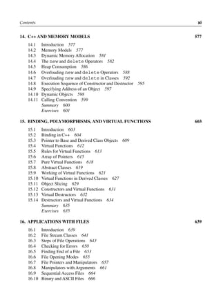 Contents xi
14. c++ ANd mEmory modElS 577
14.1 Introduction 577
14.2 Memory Models 577
14.3 Dynamic Memory Allocation 581
14.4 The new and delete Operators 582
14.5 Heap Consumption 586
14.6 Overloading new and delete Operators 588
14.7 Overloading new and delete in Classes 592
14.8 Execution Sequence of Constructor and Destructor 595
14.9 Specifying Address of an Object 597
14.10 Dynamic Objects 598
14.11 Calling Convention 599
Summary 600
Exercises 601
15. biNdiNg, PolymorPhiSmS, ANd virtuAl fuNctioNS 603
15.1 Introduction 603
15.2 Binding in C++ 604
15.3 Pointer to Base and Derived Class Objects 609
15.4 Virtual Functions 612
15.5 Rules for Virtual Functions 613
15.6 Array of Pointers 615
15.7 Pure Virtual Functions 618
15.8 Abstract Classes 619
15.9 Working of Virtual Functions 621
15.10 Virtual Functions in Derived Classes 627
15.11 Object Slicing 629
15.12 Constructors and Virtual Functions 631
15.13 Virtual Destructors 632
15.14 Destructors and Virtual Functions 634
Summary 635
Exercises 635
16. APPlicAtioNS with filES 639
16.1 Introduction 639
16.2 File Stream Classes 641
16.3 Steps of File Operations 643
16.4 Checking for Errors 650
16.5 Finding End of a File 653
16.6 File Opening Modes 655
16.7 File Pointers and Manipulators 657
16.8 Manipulators with Arguments 661
16.9 Sequential Access Files 664
16.10 Binary and ASCII Files 666
 