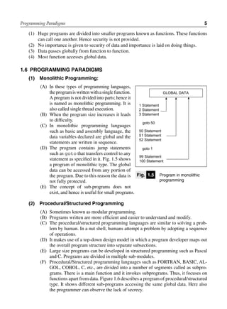 Programming Paradigms 5
(1) Huge programs are divided into smaller programs known as functions. These functions
can call one another. Hence security is not provided.
(2) No importance is given to security of data and importance is laid on doing things.
(3) Data passes globally from function to function.
(4) Most function accesses global data.
1.6 Programming ParaDigms
(1) monolithic Programming:
(A) In these types of programming languages,
theprogramiswrittenwithasinglefunction.
A program is not divided into parts; hence it
is named as monolithic programming. It is
also called single thread execution.
(B) When the program size increases it leads
to difficulty.
(C) In monolithic programming languages
such as basic and assembly language, the
data variables declared are global and the
statements are written in sequence.
(D) The program contains jump statements
such as goto that transfers control to any
statement as specified in it. Fig. 1.5 shows
a program of monolithic type. The global
data can be accessed from any portion of
the program. Due to this reason the data is
not fully protected.
(E) The concept of sub-programs does not
exist, and hence is useful for small programs.
(2) Procedural/structured Programming
(A) Sometimes known as modular programming.
(B) Programs written are more efficient and easier to understand and modify.
(C) The procedural/structured programming languages are similar to solving a prob-
lem by human. In a nut shell, humans attempt a problem by adopting a sequence
of operations.
(D) It makes use of a top-down design model in which a program developer maps out
the overall program structure into separate subsections.
(E) Large size programs can be developed in structured programming such as Pascal
and C. Programs are divided in multiple sub-modules.
(F) Procedural/Structured programming languages such as FORTRAN, BASIC, AL-
GOL, COBOL, C, etc., are divided into a number of segments called as subpro-
grams. There is a main function and it invokes subprograms. Thus, it focuses on
functions apart from data. Figure 1.6 describes a program of procedural/structured
type. It shows different sub-programs accessing the same global data. Here also
the programmer can observe the lack of secrecy.
fig. 1.5 Program in monolithic
programming
1 Statement
2 Statement
3 Statement
50 Statement
51 Statement
52 Statement
99 Statement
100 Statement
goto 50
goto 1
GLOBAL DATA
 