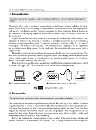 Key Concepts of Object Oriented Programming 11
(4) Data abstraction
Abstraction refers to the procedure of representing essential features without including the background
details.
Abstraction refers to the procedure of representing essential features without including the back-
ground details. Classes use the theory of abstraction and are defined as a list of abstract properties
such as size, cost, height, and few functions to operate on these properties. Data abstraction is
the procedure of identifying properties and method related to a specific entity as applicable to
the application.
A powerful method to achieve abstraction is through the manipulation of hierarchical clas-
sifications. It permits us the breaking of semantics of multiple systems into layers by separating
them into multiple controllable parts. For example, a computer as shown in Fig. 1.13 is made of
various parts such as CPU, keyboard, and so on. We think it as a single unit, but the single unit
has several sub-units. They together do the single task. By assembling sub-parts we can build a
single system.
Hierarchical abstraction of complicated systems can also be used in computer software. The
data from conventional procedure oriented programs can be converted by abstraction mechanism
into its partial objects. A series of operation steps may develop a set of messages between these
objects. Each object shows its own attributes.
Data abstraction is used to define a data type available in the programming language, called
as abstract data type (ADT). It consists of a set of values and a set of operations.

(a) Computer as single unit

(b) Different components of computer
fig 1.13 Computer and its parts
(5) encapsulation
The packing of data and functions into a single component is known as encapsulation.
C++ supports the features of encapsulation using classes. The packing of data and functions into
a single component is known as encapsulation. The data is not reachable by the outside functions.
Only those functions that are able to access the data are defined within the class. These functions
prepare the interface between the object’s data and the program. With encapsulation we can
accomplish data hiding. Data hiding is an important feature using which an object can be used
without the user knowing how it works internally.
In C++ the fundamental of encapsulation is class. A class defines the structure of data and
member functions. It is common to all its objects. Class is a logical structure whereas object is
 