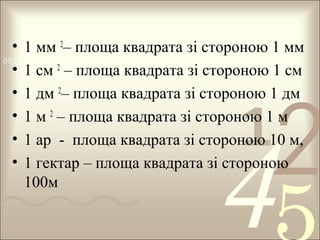 • 1 мм 2– площа квадрата зі стороною 1 мм
0011 0010 1010 1101 0001 0100 1011
• 1 см 2 – площа квадрата зі стороною 1 см
• 1 дм 2– площа квадрата зі стороною 1 дм
• 1 м 2 – площа квадрата зі стороною 1 м
• 1 ар - площа квадрата зі стороною 10 м,
• 1 гектар – площа квадрата зі стороною
100м

1

2

4

 