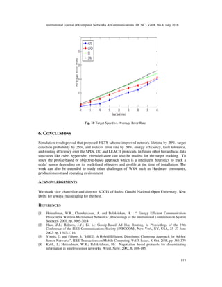 International Journal of Computer Networks & Communications (IJCNC) Vol.8, No.4, July 2016
115
Fig. 10 Target Speed vs. Average Error Rate
6. CONCLUSIONS
Simulation result proved that proposed HLTS scheme improved network lifetime by 20%, target
detection probability by 25%, and reduces error rate by 20%, energy efficiency, fault tolerance,
and routing efficiency over the SPIN, DD and LEACH protocols. In future other hierarchical data
structures like cube, hypercube, extended cube can also be studied for the target tracking. To
study the profile-based or objective-based approach which is a intelligent heuristics to track a
node/ sensor depending on its predefined objective and profile at the time of installation. The
work can also be extended to study other challenges of WSN such as Hardware constraints,
production cost and operating environment
ACKNOWLEDGEMENTS
We thank vice chancellor and director SOCIS of Indira Gandhi National Open University, New
Delhi for always encouraging for the best.
REFERENCES
[1] Heinzelman, W.R., Chandrakasan, A. and Balakrishan, H. : “ Energy Efficient Communication
Protocol for Wireless Microsensor Networks”, Proceedings of the International Conference on System
Sciences- 2000, pp. 3005-3014
[2] Haas, Z.J.; Halpern, J.Y.; Li, L.: Gossip-Based Ad Hoc Routing, In Proceedings of the 19th
Conference of the IEEE Communications Society (INFOCOM), New York, NY, USA, 23–27 June
2002; pp. 1707–1716.
[3] Younis, O. and Fahmy, S. “HEED: A Hybrid Efficient, Distributed Clustering Approach for Ad-hoc
Sensor Networks”, IEEE Transactions on Mobile Computing, Vol.3, Issues. 4, Oct. 2004, pp. 366-379
[4] Kulik, J.; Heinzelman, W.R.; Balakrishnan, H.: Negotiation based protocols for disseminating
information in wireless sensor networks, Wirel. Netw. 2002, 8, 169–185.
 