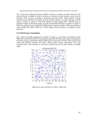 International Journal of Computer Networks & Communications (IJCNC) Vol.8, No.4, July 2016
109
Fig. 3 shows the comparisons between numbers of nodes vs. number of rounds. Increase in the
network lifetime as number of nodes is increases. As number of nodes increases, more cover set
generated. Thus excessive messaging is generated among the nodes. When number of nodes
reached around 250-300 all protocols network lifetime (number of rounds) decreases. HLTS
drops its number of rounds to 1100 when number of nodes reached 500. LEACH drops its
number of rounds to 950 when number of nodes reached 500. DD drops its number of rounds to
850 when number of nodes reached 500. SPIN drops its number of rounds to 800 when number of
nodes reached 500. Hence HLTS has 15-20% higher network lifetime as compared to these
protocols.
5.2 Total Energy Consumption
Fig. 4 shows the graph comparing the number of rounds vs. total energy consumption among
SPIN, DD, LEACH and HLTS. In the proposed algorithm HLTS the total energy consumption is
95 Joules around at rounds 600, whereas SPIN protocol consumed 150 Joules, DD consumed 120
Joules and LEACH consumed 107 Joules. HLTS reduces energy consumption since only
activated nodes in the network are involved in network and rest of nodes remains in standby
mode.
Fig. 1 Sensor nodes distribution in 1000m x 1000m field
 