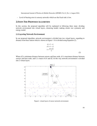 International Journal of Wireless & Mobile Networks (IJWMN) Vol. 8, No. 4, August 2016
69
- Level of bearing error in sensory networks which use the fixed sink is low.
2.STEPS THE PROPOSED ALGORITHM
In this section, the proposed algorithm will be explained in following three steps: dividing
network environment into virtual layers, clustering model, making cluster size symmetry and
energy model.
2.1.Layering Network Environment
In our proposed algorithm, network environment is divided into two virtual layers, regarding to
distance from base station which is shown in Figure 1. It is divided using Equation (2).
1 1
2 2
1 2
2
d Y y
d Y y
d d
L
= −
= −
+
=
(2)
Where d2 is minimum distance between sensors and base node, d1 is maximum distance between
sensors and base node, and L is mean of d1 and d2. In this way network environment is divided
into 2 virtual layers.
Figure1. virtual layers of sensor network environment
 