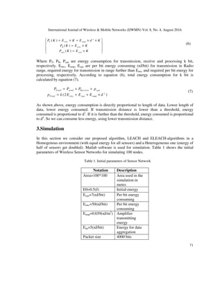International Journal of Wireless & Mobile Networks (IJWMN) Vol. 8, No. 4, August 2016
71
( )
( )
( )
y
T elec amp
R elec
cpu cpu
P K E K E d K
P K E K
P K E K
 
= × + × ×
 
= ×
 
 
= ×
 
(6)
Where PT, PR, Pcpu are energy consumption for transmission, receive and processing k bit,
respectively. Eelec, Eamp, Ecpu are per bit energy consuming (nJ/bit) for transmission in Radio
range, required energy for transmission in range further than Eelec and required per bit energy for
processing, respectively. According to equation (6), total energy consumption for k bit is
calculated by equation (7).
Re
(2 )
Total send ceive cpu
y
Total elec cpu amp
P P P p
p k E E E d
= + +
= + + ×
(7)
As shown above, energy consumption is directly proportional to length of data. Lower length of
data, lower energy consumed. If transmission distance is lower than a threshold, energy
consumed is proportional to d2
. If it is further than the threshold, energy consumed is proportional
to d4
. So we can consume less energy, using lower transmission distance.
3.Simulation
In this section we consider our proposed algorithm, LEACH and ELEACH-algorithms in a
Homogenous environment (with equal energy for all sensors) and a Heterogeneous one (energy of
half of sensors get doubled). Matlab software is used for simulation. Table 1 shows the initial
parameters of Wireless Sensor Networks for simulating 100 nodes.
Table 1. Initial parameters of Sensor Network
Notation Description
Area=100*100 Area used in the
simulation in
metes
E0=0.5(J) Initial energy
Ecpu=7(nJ/bit) Per bit energy
consuming
Eelec=50(nJ/bit) Per bit energy
consuming
Eamp=0.659(nJ/m2
) Amplifier
transmitting
energy
Eda=5(nJ/bit) Energy for data
aggregation
Packet size 4000 bits
 