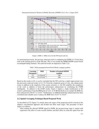 International Journal of Wireless & Mobile Networks (IJWMN) Vol. 8, No. 4, August 2016
111
Figure 2. BER vs. SNR curves for the NN based work [2]
As mentioned previously, the previous achieved result in combatting the PAPR [11-13] has been
used in the learning process of the NN part. This is in to model the MIMO-OFDM system based
on multipath fading channels. The achieved results are depicted in Table 2 [2].
Table 2. Back-propagation based Powell-Beale conjugate gradient
Learning
Parameter
MSE Number of trained OFDM
symbols
0.1 6.254×10-5
100
0.01 8.157×10-5
100
Based on the results in [2], it can be concluded that the NN work has a slight improvement over
the previously achieved results in [11-13]. From the complexity point of view, this enhancement
comes in addition to the simplicity of the system structure, i.e. the NN simplifies the complexity
of the work in addition to boost the performance enhancement by combatting the PAPR
intelligently. In addition to the CCDF results, Figure 2 depicts a slight modification in the
system’s performance from the BER point of view; at 10 dB threshold as an example the BER has
been reduced from 49×10-2
to 12×10-3
. Furthermore, at 16dB threshold this enhancement has been
considered and valuable since it reduces the BER from 15×10-2
to 15×10-7
.
2.2. Spatial Averaging Technique-Based Proposed Work
As described in [17], Figure 3 is clearly shows the stages of the proposed work.It is based on the
adaptive convolutional approach and divided into three main stages. The procedure of these
stages is as follows:
- After reading the affected OFDM signal by PAPR, the pre-processing stage is started with
experiences the effect of some wavelet families and their effect on clean the signal from the
 