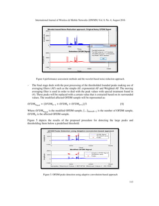 International Journal of Wireless & Mobile Networks (IJWMN) Vol. 8, No. 4, August 2016
Figure 4.performance assessment methods and the wavelet
- The final stage deals with the post processing of the thresholded founded peaks making use of
averaging filters (AF) such as the simple
averaging filter is used in order to deal with the peak values with special treatment found in
(4). These peaks will be replaced with a certain value that is extracted based on its surrounded
values. The modified affected OFDM sample will be represented as:

= ( + 
Where 
is the modified OFDM sample,
 is the affected OFDM sample.
Figure 5 depicts the results of the proposed procedure for detecting the large peaks and
thresholding them below a predefined threshold.
Figure 5. OFDM peaks detection using adaptive convolution
International Journal of Wireless  Mobile Networks (IJWMN) Vol. 8, No. 4, August 2016
assessment methods and the wavelet-based noise reduction approach.
The final stage deals with the post processing of the thresholded founded peaks making use of
averaging filters (AF) such as the simple-AF, exponential-AF and Weighted-AF. The moving
raging filter is used in order to deal with the peak values with special treatment found in
(4). These peaks will be replaced with a certain value that is extracted based on its surrounded
values. The modified affected OFDM sample will be represented as:
 + )/3
is the modified OFDM sample, … !##$ is the number of OFDM sample,
is the affected OFDM sample.
Figure 5 depicts the results of the proposed procedure for detecting the large peaks and
thresholding them below a predefined threshold.
OFDM peaks detection using adaptive convolution-based approach
International Journal of Wireless  Mobile Networks (IJWMN) Vol. 8, No. 4, August 2016
113
based noise reduction approach.
The final stage deals with the post processing of the thresholded founded peaks making use of
AF. The moving
raging filter is used in order to deal with the peak values with special treatment found in
(4). These peaks will be replaced with a certain value that is extracted based on its surrounded
(4)
is the number of OFDM sample,
Figure 5 depicts the results of the proposed procedure for detecting the large peaks and
 