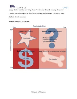 Nishat Mills Ltd LXVIII
University of Education
energy effective machines are taking place of workers and ultimately reducing the cost of
company. Internet development helps Nishat to reduce its advertisement cost and get quick
feedback from its customers.
Portfolio Analysis: BCG Matrix
 