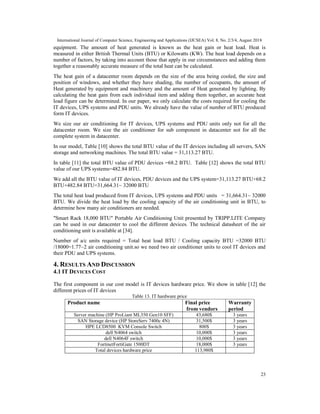 International Journal of Computer Science, Engineering and Applications (IJCSEA) Vol. 8, No. 2/3/4, August 2018
23
equipment. The amount of heat generated is known as the heat gain or heat load. Heat is
measured in either British Thermal Units (BTU) or Kilowatts (KW). The heat load depends on a
number of factors, by taking into account those that apply in our circumstances and adding them
together a reasonably accurate measure of the total heat can be calculated.
The heat gain of a datacenter room depends on the size of the area being cooled, the size and
position of windows, and whether they have shading, the number of occupants, the amount of
Heat generated by equipment and machinery and the amount of Heat generated by lighting. By
calculating the heat gain from each individual item and adding them together, an accurate heat
load figure can be determined. In our paper, we only calculate the costs required for cooling the
IT devices, UPS systems and PDU units. We already have the value of number of BTU produced
form IT devices.
We size our air conditioning for IT devices, UPS systems and PDU units only not for all the
datacenter room. We size the air conditioner for sub component in datacenter not for all the
complete system in datacenter.
In our model, Table [10] shows the total BTU value of the IT devices including all servers, SAN
storage and networking machines. The total BTU value = 31,113.27 BTU.
In table [11] the total BTU value of PDU devices =68.2 BTU. Table [12] shows the total BTU
value of our UPS systems=482.84 BTU.
We add all the BTU value of IT devices, PDU devices and the UPS system=31,113.27 BTU+68.2
BTU+482.84 BTU=31,664.31~ 32000 BTU
The total heat load produced from IT devices, UPS systems and PDU units = 31,664.31~ 32000
BTU. We divide the heat load by the cooling capacity of the air conditioning unit in BTU, to
determine how many air conditioners are needed.
"Smart Rack 18,000 BTU" Portable Air Conditioning Unit presented by TRIPP.LITE Company
can be used in our datacenter to cool the different devices. The technical datasheet of the air
conditioning unit is available at [34].
Number of a/c units required = Total heat load BTU / Cooling capacity BTU =32000 BTU
/18000=1.77~2 air conditioning unit.so we need two air conditioner units to cool IT devices and
their PDU and UPS systems.
4. RESULTS AND DISCUSSION
4.1 IT DEVICES COST
The first component in our cost model is IT devices hardware price. We show in table [12] the
different prices of IT devices
Table 13. IT hardware price
Product name Final price
from vendors
Warranty
period
Server machine (HP ProLiant ML350 Gen10 SFF) 43,680$ 3 years
SAN Storage device (HP StoreServ 7400c 4N) 31,500$ 3 years
HPE LCD8500 KVM Console Switch 800$ 3 years
dell N4064 switch 10,000$ 3 years
dell N4064F switch 10,000$ 3 years
FortinetFortiGate 1500DT 18,000$ 3 years
Total devices hardware price 113,980$
 