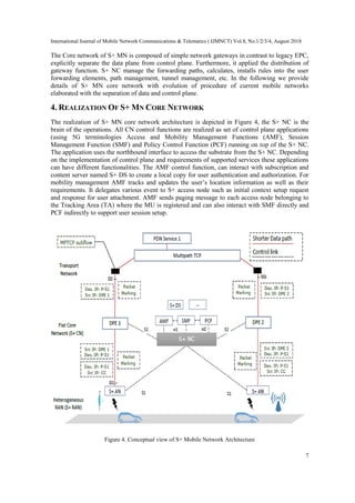 International Journal of Mobile Network Communications & Telematics ( IJMNCT) Vol.8, No.1/2/3/4, August 2018
7
The Core network of S+ MN is composed of simple network gateways in contrast to legacy EPC,
explicitly separate the data plane from control plane. Furthermore, it applied the distribution of
gateway function. S+ NC manage the forwarding paths, calculates, installs rules into the user
forwarding elements, path management, tunnel management, etc. In the following we provide
details of S+ MN core network with evolution of procedure of current mobile networks
elaborated with the separation of data and control plane.
4. REALIZATION OF S+ MN CORE NETWORK
The realization of S+ MN core network architecture is depicted in Figure 4, the S+ NC is the
brain of the operations. All CN control functions are realized as set of control plane applications
(using 5G terminologies Access and Mobility Management Functions (AMF), Session
Management Function (SMF) and Policy Control Function (PCF) running on top of the S+ NC.
The application uses the northbound interface to access the substrate from the S+ NC. Depending
on the implementation of control plane and requirements of supported services these applications
can have different functionalities. The AMF control function, can interact with subscription and
content server named S+ DS to create a local copy for user authentication and authorization. For
mobility management AMF tracks and updates the user’s location information as well as their
requirements. It delegates various event to S+ access node such as initial context setup request
and response for user attachment. AMF sends paging message to each access node belonging to
the Tracking Area (TA) where the MU is registered and can also interact with SMF directly and
PCF indirectly to support user session setup.
Figure 4. Conceptual view of S+ Mobile Network Architecture
 