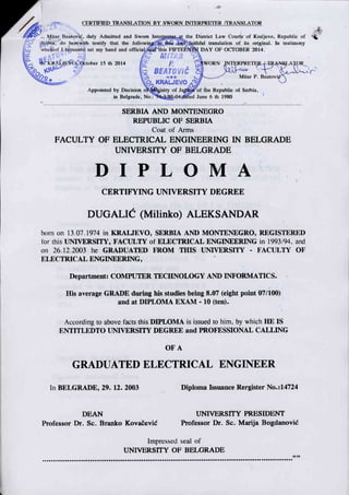 Diploma Aleksandar Dugalic