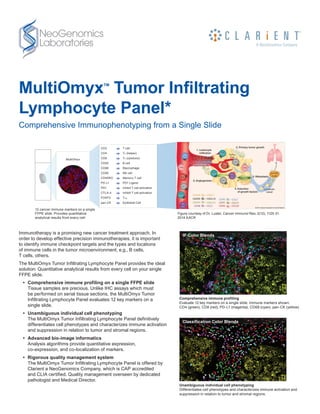 MultiOmyxTM
Tumor Infiltrating
Lymphocyte Panel*
Comprehensive Immunophenotyping from a Single Slide
Immunotherapy is a promising new cancer treatment approach. In
order to develop effective precision immunotherapies, it is important
to identify immune checkpoint targets and the types and locations
of immune cells in the tumor microenvironment; e.g., B cells,
T cells, others.
The MultiOmyx Tumor Infiltrating Lymphocyte Panel provides the ideal
solution: Quantitative analytical results from every cell on your single
FFPE slide.
•	 Comprehensive immune profiling on a single FFPE slide
Tissue samples are precious. Unlike IHC assays which must
be performed on serial tissue sections, the MultiOmyx Tumor
Infiltrating Lymphocyte Panel evaluates 12 key markers on a
single slide.
•	 Unambiguous individual cell phenotyping
The MultiOmyx Tumor Infiltrating Lymphocyte Panel definitively
differentiates cell phenotypes and characterizes immune activation
and suppression in relation to tumor and stromal regions.
•	 Advanced bio-image informatics
Analysis algorithms provide quantitative expression,
co-expression, and co-localization of markers.
•	 Rigorous quality management system
The MultiOmyx Tumor Infiltrating Lymphocyte Panel is offered by
Clarient a NeoGenomics Company, which is CAP accredited
and CLIA certified. Quality management overseen by dedicated
pathologist and Medical Director.
12 cancer immune markers on a single
FFPE slide. Provides quantitative
analytical results from every cell.
Figure courtesy of Dr. Luster, Cancer Immunol Res; 2(12); 1125-31.
2014 AACR
CD3 T cell
CD4 TH (helper)
CD8 TC (cytotoxic)
CD20 B cell
CD68 Macrophage
CD56 NK cell
CD45RO Memory T cell
PD-L1 PD1 Ligand
PD1 Inhibit T cell activation
CTLA-4 Inhibit T cell activation
FOXP3 Treg
pan-CK Epithelial Cell
MultiOmyx
Comprehensive immune profiling
Evaluate 12 key markers on a single slide. Immune markers shown:
CD4 (green), CD8 (red), PD-L1 (magenta), CD68 (cyan), pan-CK (yellow).
IF Color Blends
Unambiguous individual cell phenotyping
Differentiates cell phenotypes and characterizes immune activation and
suppression in relation to tumor and stromal regions.
Classification Color Blends
 