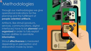 Through our methodologies we give
operational indications for the
planning and the fulfillment of
people-oriented artifacts.
Artifacts, like stimuli (products,
services, communications, digital
interfaces) have to be planned and
organized in order to fully exploit
human abilities to assimilate
information.
Stimuli effectiveness is measured
depending on perception and
elaboration made by brain.
Methodologies
 