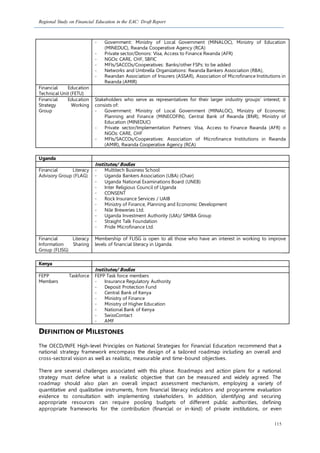 Regional Study on Financial Education in the EAC: Draft Report
115
- Government: Ministry of Local Government (MINALOC), Ministry of Education
(MINEDUC), Rwanda Cooperative Agency (RCA)
- Private sector/Donors: Visa, Access to Finance Rwanda (AFR)
- NGOs: CARE, CHF, SBFIC
- MFIs/SACCOs/Cooperatives: Banks/other FSPs: to be added
- Networks and Umbrella Organizations: Rwanda Bankers Association (RBA),
- Rwandan Association of Insurers (ASSAR), Association of Microfinance Institutions in
Rwanda (AMIR)
Financial Education
Technical Unit (FETU)
Financial Education
Strategy Working
Group
Stakeholders who serve as representatives for their larger industry groups’ interest; it
consists of:
- Government: Ministry of Local Government (MINALOC), Ministry of Economic
Planning and Finance (MINECOFIN), Central Bank of Rwanda (BNR), Ministry of
Education (MINEDUC)
- Private sector/Implementation Partners: Visa, Access to Finance Rwanda (AFR) o
NGOs: CARE, CHF
- MFIs/SACCOs/Cooperatives: Association of Microfinance Institutions in Rwanda
(AMIR), Rwanda Cooperative Agency (RCA)
Uganda
Institutes/ Bodies
Financial Literacy
Advisory Group (FLAG)
- Multitech Business School
- Uganda Bankers Association (UBA) (Chair)
- Uganda National Examinations Board (UNEB)
- Inter Religious Council of Uganda
- CONSENT
- Rock Insurance Services / UAIB
- Ministry of Finance, Planning and Economic Development
- Nile Breweries Ltd.
- Uganda Investment Authority (UIA)/ SIMBA Group
- Straight Talk Foundation
- Pride Microfinance Ltd.
Financial Literacy
Information Sharing
Group (FLISG)
Membership of FLISG is open to all those who have an interest in working to improve
levels of financial literacy in Uganda.
Kenya
Institutes/ Bodies
FEPP Taskforce
Members
FEPP Task force members
- Insurance Regulatory Authority
- Deposit Protection Fund
- Central Bank of Kenya
- Ministry of Finance
- Ministry of Higher Education
- National Bank of Kenya
- SwissContact
- AMF
DEFINITION OF MILESTONES
The OECD/INFE High-level Principles on National Strategies for Financial Education recommend that a
national strategy framework encompass the design of a tailored roadmap including an overall and
cross-sectoral vision as well as realistic, measurable and time-bound objectives.
There are several challenges associated with this phase. Roadmaps and action plans for a national
strategy must define what is a realistic objective that can be measured and widely agreed. The
roadmap should also plan an overall impact assessment mechanism, employing a variety of
quantitative and qualitative instruments, from financial literacy indicators and programme evaluation
evidence to consultation with implementing stakeholders. In addition, identifying and securing
appropriate resources can require pooling budgets of different public authorities, defining
appropriate frameworks for the contribution (financial or in-kind) of private institutions, or even
 