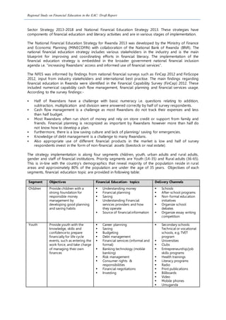 Regional Study on Financial Education in the EAC: Draft Report
Sector Strategy 2013-2018 and National Financial Education Strategy 2013. These strategies have
components of financial education and literacy activities and are in various stages of implementation.
The National Financial Education Strategy for Rwanda 2013 was developed by the Ministry of Finance
and Economic Planning (MINECOFIN) with collaboration of the National Bank of Rwanda (BNR). The
national financial education strategy includes various stakeholders in the industry and is the main
blueprint for improving and coordinating efforts in financial literacy. The implementation of the
financial education strategy is embedded in the broader government national financial inclusion
agenda i.e. “increasing Rwandans’ access and informed use of financial services”.
The NFES was informed by findings from national financial surveys such as FinCap 2012 and FinScope
2012, input from industry stakeholders and international best practise. The main findings regarding
financial education in Rwanda were identified in the Financial Capability Survey (FinCap) 2012. These
included numerical capability cash flow management, financial planning and financial services usage.
According to the survey findings:-
 Half of Rwandans have a challenge with basic numeracy i.e. questions relating to addition,
subtraction, multiplication and division were answered correctly by half of survey respondents.
 Cash flow management is a challenge as most Rwandans do not track their expenses and less
than half budget.
 Most Rwandans often run short of money and rely on store credit or support from family and
friends. Financial planning is recognized as important by Rwandans however more than half do
not know how to develop a plan.
 Furthermore, there is a low saving culture and lack of planning/ saving for emergencies.
 Knowledge of debt management is a challenge to many Rwandans.
 Also appropriate use of different financial products in the market is low and half of survey
respondents invest in the form of non-financial assets (livestock or real estate).
The strategy implementation is along four segments children, youth, urban adults and rural adults,
gender and staff of financial institutions. Priority segments are Youth (14-35) and Rural adults (36-65).
This is in-line with the country’s demographics that reveal majority of the population reside in rural
areas and approximately 80% of the population are under the age of 35 years. Objectives of each
segments, financial education topic are provided in following table:
Segment Objectives Financial Education- topics Delivery Channels
Children Provide children with a
strong foundation for
responsible money
management by
developing good planning
and saving habits
 Understanding money
 Financial planning
 Saving
 Understanding Financial
services providers and how
they operate
 Source of financial information
 Schools
 After-school programs
 Non-formal education
initiatives
 Organize school
debates
 Organize essay writing
competition
Youth Provide youth with the
knowledge, skills and
confidenceto prepare
financially for life cycle
events, such as entering the
work force, and take charge
of managing their own
finances
 Career planning
 Saving
 Budgeting
 Debt management
 Financial services (informal and
formal)
 Banking technology (mobile
banking)
 Risk management
 Consumer rights &
responsibilities
 Financial negotiations
 Investing
 Secondary schools
Technical or vocational
schools, e.g. TVET
program
 Universities
 Clubs
 Entrepreneurship/job
skills programs
 Health trainings
 Literacy programs
 Radio
 Print publications
 Billboards
 Video
 Mobile phones
 Umuganda
 
