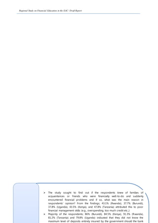 Regional Study on Financial Education in the EAC: Draft Report
 The study sought to find out if the respondents knew of families of
acquaintances or friends who were financially well-to-do and suddenly
encountered financial problems and if so, what was the main reason in
respondents’ opinion? From the findings; 43.1% (Rwanda), 37.7% (Burundi),
37.8% (Uganda), 43.5% (Kenya), and 47.8% (Tanzania) attributed this to poor
financial management skills (e.g., overspending, too much credit etc.,)
 Majority of the respondents; 86% (Burundi), 84.5% (Kenya), 91.3% (Rwanda),
81.2% (Tanzania) and 79.8% (Uganda) indicated that they did not know the
maximum level of deposits entirely insured by the government should the bank
 