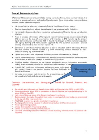 Regional Study on Financial Education in the EAC: Draft Report
95
Overall Recommendations
EAC Partner States can use various methods, training and tools, at meso, micro and macro levels. It is
important to assess preferences and needs of target groups. Some cross-cutting recommendations
that EAC Partner States can adopt are:
 Harmonize financial education indicators in financial capability and access surveys.
 Develop standardized and tailored financial capacity and access survey for East Africa.
 Harmonized indicators will enhance monitoring and evaluation of financial literacy and education
initiatives
 Trade in services, with increase of foreign and regional financial service providers expanding to
EAC has increase the level of competiveness and innovation in EAC markets. E.g. the entry of
Equity bank in Uganda and Rwanda. KCB in Burundi has brought a shift in customer acquisition
with agency banking and more proactive approach to rural customer acquisition. Enhance
enabling environment to allow for more regions FDI.
 Differences in introducing financial education in school education system. Introducing financial
education content in relevant subjects e.g. math. Introducing financial education as extra-
curriculum activity e.g. investment clubs.
 Deliver financial education sequentially from basic to more complex financial concepts.
 Use of edutainment (plays, radio dramas and television programs) are effective delivery systems
to teach financial education concepts to illiterate rural populations.
 Providing training information on the internet significantly reduces information asymmetries
making access to training material and financial education messages to a wider audience.
 Establish EAC certification for insurance and pension sector professionals especially for countries
with nascent insurance and pension industry that have deficiencies in human resources e.g.
Burundi and Rwanda
 Increasing cross-border trade in services for professionals and financial institutions in the EAC
increases level of skills, skills transfer and capacity.
Common characteristics and demographics shared by Burundi, Rwanda and
Uganda:-
 Recent civil wars in Burundi and Rwanda, in the 1990s, and Uganda in the 1970s to mid-1980s
 Young populations, about 80% of populations in Burundi, Rwanda and Uganda below age of 35,
about 50% less than 18%
 High rates of illiteracy, about 40%. illiteracy rate higher in rural areas
 Banking sector dominates financial services sector in asset size but most banks are concentrated
in the city with little rural penetration
 MFI/SACCO segment has greater penetration in rural areas
 Rural populations mainly engaged in subsistence agriculture, and have low incomes
 There is poor savings culture,
 Limited diversification of financial products
 Limited use of insurance and pensions products
 Low levels of skilled professions in financial services especially in the insurance and pensions sub-
segments
Where does this info in
red belong?
 