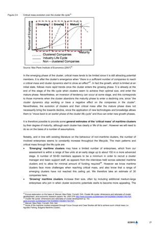 27
Figure 2.4 Critical mass evolution over the cluster life cycle
25
Source: Max Plank Institute of Economics (2007)
26
In the emerging phase of the cluster, critical mass tends to be limited since it is still attracting potential
members. It is after the cluster’s emergence when “there is a sufficient number of companies to reach
a critical mass and cluster dynamics start to show an effect”
27
. In fact the growth, which is limited at an
initial state, follows more rapid trends once the cluster enters the growing phase. It is already at the
end of this stage of the life cycle when clusters seem to achieve their optimal size, end enter the
mature phase. Nevertheless, an inversion of tendency can occur at some stage, and this corresponds
to those moments when the cluster abandons the maturity phase to enter a declining one, since “the
cluster dynamics stop working or have a negative effect on the companies in the cluster”.
Nevertheless, the evolution of clusters and their critical mass after the mature phase does not
necessarily bring the towards decline, since the application of new technologies and knowledge allows
them to “move back to an earlier phase of the cluster life cycle” and thus can enter new growth phases.
It is therefore possible to provide some general estimates of the ‘critical mass’ of maritime clusters
by their degree of maturity, although each cluster has clearly a ‘life of its own’. However we will need to
do so on the basis of a number of assumptions.
Notably, and in line with existing literature on the behaviour of non-maritime clusters, the number of
involved enterprises seems to constantly increase throughout the lifecycle. The main patterns and
critical mass through the life cycle are:
 ‘Emerging’ maritime clusters may have a limited number of enterprises, which from our
assessment is within a range of few units at an early stage up to about 150 in a more advanced
stage. A number of 50-60 members appears to be a minimum in order to recruit a cluster
manager and basic support staff, as appears from the interviews held across selected maritime
clusters and to allow for minimal amount of funding required
28
. However we know maritime
clusters face more challenges when reaching critical mass, and also know that a range of
emerging clusters have not reached this ceiling yet. We therefore take an estimate of 30
companies here;
 ‘Growing’ maritime clusters increase their size, often by including additional medium-large
enterprises who join in when cluster economic potentials starts to become more appealing. The
25
Ecorys elaboration on the basis of: Menzel, Max-Peter; Fornahl, Dirk, Cluster life cycles: dimensions and rationales of cluster
development, Jena economic research papers, No. 2007,076 http://www.econstor.eu/bitstream/10419/25650/1/553691740.PDF.
26
Cluster life cycles: dimensions and rationales of cluster development (p. 10)
www.econstor.eu/bitstream/10419/25650/1/553691740.PDF.
27
Menzel, Max-Peter; Fornahl, Dirk, ibid.
28
Some of the maritime clusters analysed through Focus Groups and Case Studies still fail to achieve such critical mass (i.e.
AgroBio Fishing, Bulgaria Maritime Cluster).
Emerging Growing Mature
 