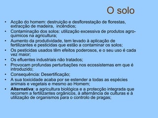 O solo
• Acção do homem: destruição e desflorestação de florestas,
extracção de madeira, incêndios;
• Contaminação dos solos: utilização excessiva de produtos agro-
quimicos na agricultura;
• Aumento da produtividade, tem levado à aplicação de
fertilizantes e pesticidas que estão a contaminar os solos;
• Os pesticidas usados têm efeitos poderosos, e o seu uso é cada
vez maior;
• Os efluentes industriais não tratados;
• Provocam profundas perturbações nos ecossistemas em que é
introduzido;
• Consequência: Desertificação;
• A sua toxicidade acaba por se estender a todas as espécies
animais e vegetais e mesmo ao Homem;
• Alternativa: a agricultura biológica e a protecção integrada que
recorrem a fertilizantes orgânicos, à alternância de culturas e à
utilização de organismos para o controlo de pragas;
 
