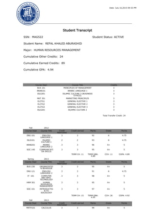 Date: July 10,2015 09:53 PM
Student Transcript
SSN: MAG522 Student Status: ACTIVE
Student Name: REFAL KHALED ABURASHID
Major: HUMAN RESOURCES MANAGEMENT
Cumulative Other Credits: 24
Cumulative Earned Credits: 89
Cumulative GPA: 4.94
Course Dept Course Title Credits
BUS 101 PRINCIPLES OF MANAGEMENT 3
ARAB101 ARABIC LANGUAGE 1 3
ISLS301 ISLAMIC CULTURE 3 (BUSINESS
ETHICS)
3
MKT 301 MARKETING PRINCIPLES 3
ELCTG1 GENERAL ELECTIVE 1 3
ELCTG2 GENERAL ELECTIVE 2 3
ELCTG3 GENERAL ELECTIVE 3 3
ISLS201 ISLAMIC CULTURE 2 3
Total Transfer Credit: 24
Fall 2012
Course Dept Course Title Credit
Attempted
Credit earned Marks Grade Points
ENG 101 ENGLISH
LANGUAGE 1
3 3 92 A 4.75
ISLS101 ISLAMIC
CULTURE 1
2 2 93 A 4.75
ARAB201 ARABIC
LANGUAGE 2
3 3 96 A+ 5
SOC 140 COMMUNICATI
ON SKILLS
3 3 95 A+ 5
TERM CH: 11 TERM GBA:
4.89
CCH: 11 CGPA: 4.89
Spring 2013
Course Dept Course Title Credit
Attempted
Credit earned Marks Grade Points
BUS 230 ORGANIZATIO
N BEHAVIOR
3 3 95 A+ 5
ENG 121 ENGLISH
LANGUAGE 2
3 3 91 A 4.75
IT 101 COMPUTER
AND INFO.
TECHNOLOGY
3 3 98 A+ 5
HRM 301 HUMAN
RESOURCES
MANAGEMENT
3 3 95 A+ 5
SOC 101 INTRODUCTIO
N TO
SOCIOLOGY
3 3 97 A+ 5
TERM CH: 15 TERM GBA:
4.95
CCH: 26 CGPA: 4.92
Fall 2013
Course Dept Course Title Credit
Attempted
Credit earned Marks Grade Points
MATH101 CALCULUS 3 3 99 A+ 5
 