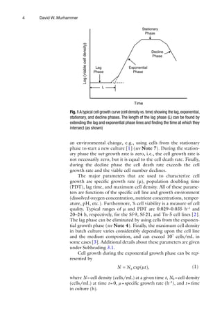 4
an environmental change, e.g., using cells from the stationary
phase to start a new culture [1] (see Note 7). During the station-
ary phase the net growth rate is zero, i.e., the cell growth rate is
not necessarily zero, but it is equal to the cell death rate. Finally,
during the decline phase the cell death rate exceeds the cell
growth rate and the viable cell number declines.
The major parameters that are used to characterize cell
growth are specific growth rate (μ), population doubling time
(PDT), lag time, and maximum cell density. All of these parame-
ters are functions of the specific cell line and growth environment
(dissolved oxygen concentration, nutrient concentrations, temper-
ature, pH, etc.). Furthermore, % cell viability is a measure of cell
quality. Typical ranges of μ and PDT are 0.029–0.035 h−1
and
20–24 h, respectively, for the Sf-9, Sf-21, and Tn-5 cell lines [2].
The lag phase can be eliminated by using cells from the exponen-
tial growth phase (see Note 4). Finally, the maximum cell density
in batch culture varies considerably depending upon the cell line
and the medium composition, and can exceed 107
cells/mL in
some cases [3]. Additional details about these parameters are given
under Subheading 3.1.
Cell growth during the exponential growth phase can be rep-
resented by
N N t
= 0 exp( ),
m (1)
where N=cell density (cells/mL) at a given time t, N0 =cell density
(cells/mL) at time t=0, μ=specific growth rate (h−1
), and t=time
in culture (h).
Stationary
Phase
Decline
Phase
Exponential
Phase
Lag
Phase
L
Log
(viable
cell
density)
Time
Fig.1A typical cell growth curve (cell density vs.time) showing the lag,exponential,
stationary, and decline phases. The length of the lag phase (L) can be found by
extending the lag and exponential phase lines and finding the time at which they
intersect (as shown)
David W. Murhammer
 