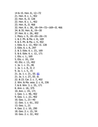 14  15. Hen. 8., 12—72
21. Hen. 8. c. 1., 402
22. Hen. 8., II. 128
22. Hen. 8. c. 1., 402
23. Hen. 8., II. 468
32. Hen. 8. c. 38., 18—54—72—169—II. 466
34.  35. Hen. 8., 19—30
37. Hen. 8. c. 26., 402
1. Mary. c. 9., 18—20—26—31
1.  2. Ph.  Ma. c. 8., 169
4.  5. Ph.  Ma. c. 4., 402
1. Edw. 6. c. 12., 402—II. 128
2. Edw. 6. c. 8., 297
2.  3. Edw. 6. c. 23., 169
5.  6. Edw. 6. c. 12., 171
1. Eliz. c. 1., 169
5. Eliz. c. 10., 154
43. Eliz. c. 13., 402
1. Ja. 1. c. 31., 86
1. Ja. 1. c. 8., II. 2
9. Ja. 1. c. 5., 15
21. Ja. 1. c. 21., III. 85
21. Ja. 1. c. 27., III. ib.
22.  23. Car. 2. c. 7., 402
2. Wm.  Ma. sess. 2. c. 8., 336
7.  8. Wm. 3. c. 35., 171
8. Ann. c. 18., 375
10. Ann. c. 19., 171
1. Geo. 1. c. 48., 402
9. Geo. 1. c. 22., 402
10. Geo. 1., 21—40
12. Geo. 1. c. 61., 352
13. Geo. 1., 21
4. Geo. 2. c. 10., 290
18. Geo. 2. c. 15., 54
10. Geo. 2. c. 32., 402
 