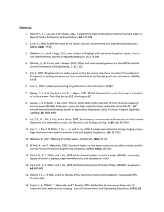References:
1. Chai, H.Y., Y. J. Cui, and F.W. Chang , 2012, A parametric study of the phase velocity of surface waves in
layered media: Computers and Geotechnics, 44, 176-184
2. Crice, D., 2005, MASW the wave of the future. Journal Environmental and Engineering Geophyssics
(JEEG), 10(2), 77-79
3. Dal Moro, G., and F. Ferigo, 2011, Joint analysis of Rayleigh and Love wave dispersion: issues, criteria
and improvements. Journal of Applied Geophysics ,75, 573-589
4. Dikmen, U., M. Arisoy, and I. Akkaya, 2010, Offset and linear spread geometry in the MASW method:
Journal Geophysics and Engineering, 7, 211-222
5. Foti S., 2012, Developments in surface wave testing for seismic site characterization: Proceedings of
Complexity in earthquake dynamics: from nonlinearity to earthquake prediction and seismic stability,
55-68
6. Foti, S., 2005, Surface wave testing for geotechnical characterization: XXXXX
7. Heisey, J. S., K. H. Stockoe II, and A. H. Meyer, 1982, Moduli of pavement system from spectral analysis
of surface waves: Trans Res Rec No.852, Washington DC
8. Ivanov, J., R. D. Miller, J. Xia, and S. Peterie, 2010, Multi-mode inversion of multi-channel analysis of
surface waves (MASW) dispersion curves and high-resolution linear radon transform (HRLRT): 80
th
Annual International Meeting, Society of Exploration Geophysics (SEG), Technical Program Expanded
Abstract, 29, 1902-1907
9. Lai, C.G., G. J. Rix, S. Foti, and V. Roma, 2002, Simultaneous measurement and inversion of surface wave
dispersion and attenuation curves: Soil Dynamics and Earthquake Eng., 22 (9-12) , 923-930
10. Luo, Y., J. Xia, R. D. Miller, Y. Xu, J. Liu, and Q. Liu, 2008, Rayleigh-wave dipersive energy imaging using a
high-resolution linear radon transform: Pure and Applied Geophysics, 165, 903-922
11. Neducza, B., 2007, Stacking of surface waves: Geophysics, 72(2), 51-58
12. O’Neill, A., and T. Matsuoka, 2005, Dominant higher surface wave modes and possible inversion pitfalls:
Journal Environmental and Engineering Geophysics (JEEG), 10 (2), 185-201
13. Park, C.B., R. D. Miller, and J. Xia, 1997, Multi-channel analysis of surface waves (MASW): a summary
report of technical aspects, experimental results, and perspective: XXXX
14. Park, C.B., R. D. Miller, and J. Xia, 1999, Multichannel Analysis of Surface Waves (MASW): Geophysics,
64, 800-808
15. Richart, F.E., J. R. Hall, and R. D. Woods, 1970, Vibration of soils and foundations: Englewood Cliffs,
Prentice-Hall
16. Safani, J., A. O’Neill, T. Matsuoka, and Y. Sanada, 2005, Application of Love waves dispersion for
improved shear wave velocity imaging: Journal Environmental and Engineering Geophysics (JEEG), 10,
 